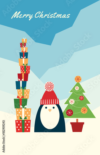 Vector Merry Christmas retro styled greeting card. Long vertical format. Cute penguin near a high stack of gifts and a fir tree in a pot. Cartoon colorful illustration. Antarctic landscape.