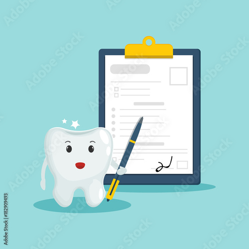 Dental insurance, dental care concept. Clean and shining tooth with pen and signed dental insurance form. Flat design icon elements for web banners, websites, etc. Illustration