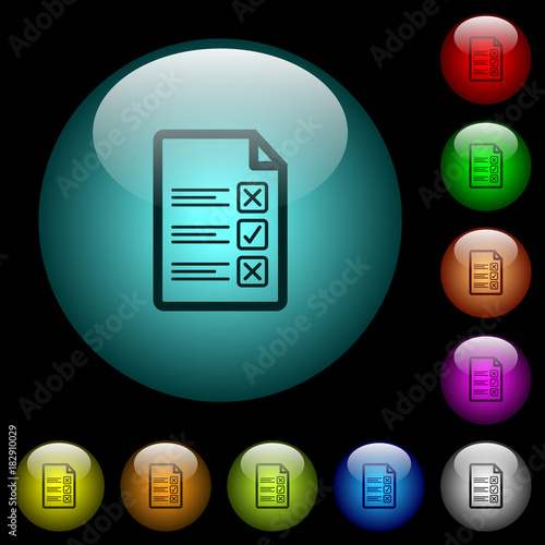 Questionnaire document icons in color illuminated glass buttons