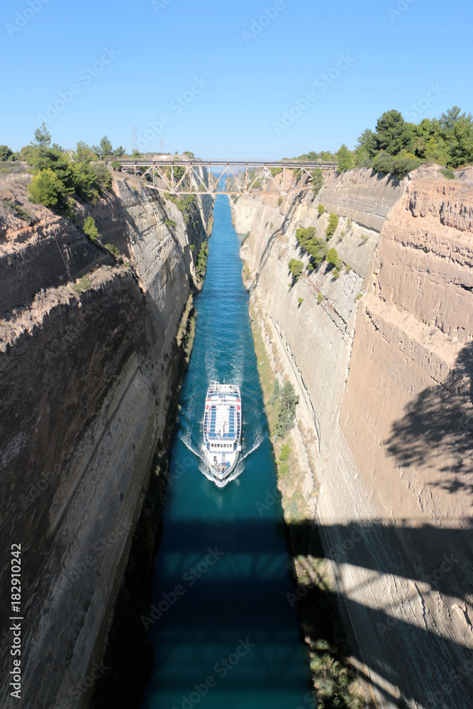 Corinth channel in Greece view on Aegean Sea while a ship is going to pass the channel