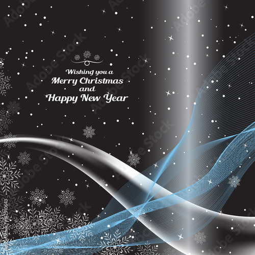 Vector greeting poster for Merry Christmas and Happy New Year with waves and snowfall on the dar background.