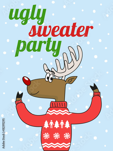 cute deer in a funny sweater with text ugly sweater party