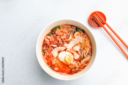 Photography Penang popular prawn mee noodles with eggs, and small shrimp