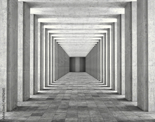 Light passing through the columns of a modern urban building. Light and shadows between the concrete columns of the long koredor. 3d illustration