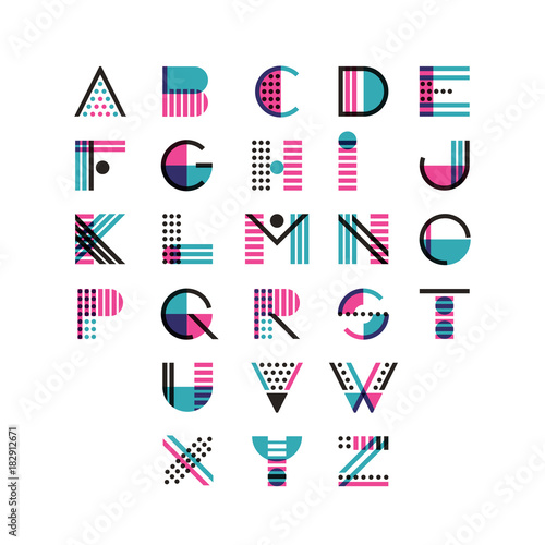 Vector multicolor geometric alphabet. Latin decorative font symbols and elements for logo design. Overlapping creative font isolated on white background.