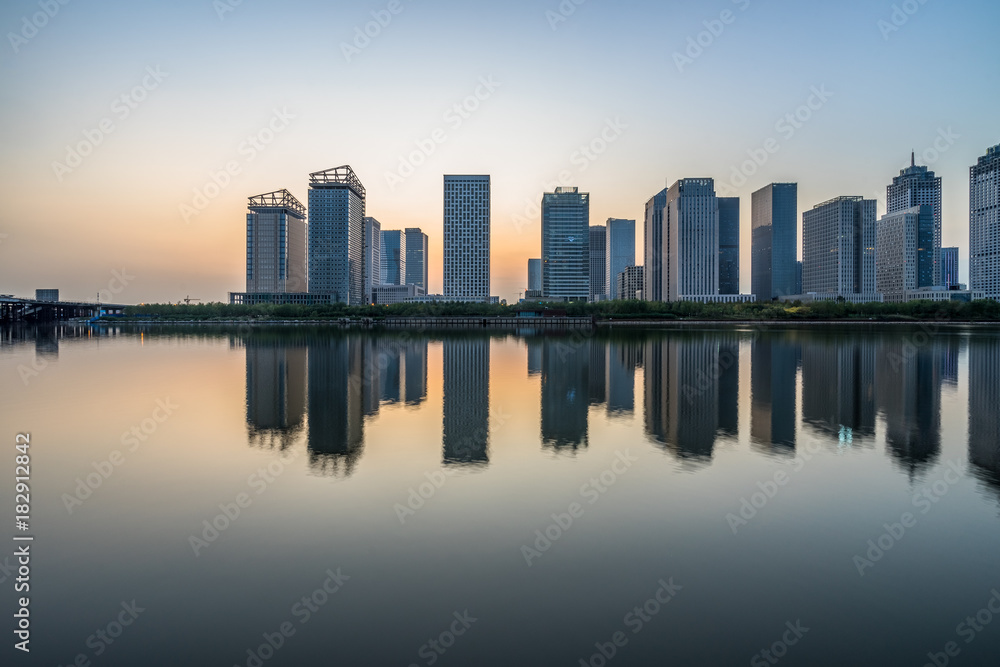 urban skyline and modern buildings at dusk, cityscape of China..