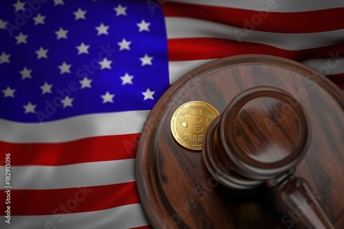 Bitcoin and judge gavel laying on flag of USA. Bitcoin legal situation in USA concept. 3D rendering