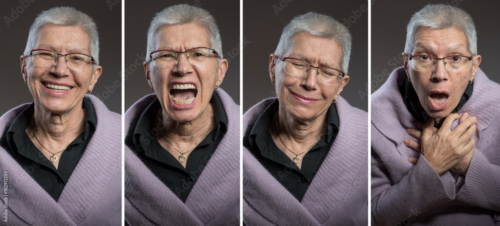 Fototapeta premium Senior elderly lady expressing different emotions: happiness, anger, sadness and fear