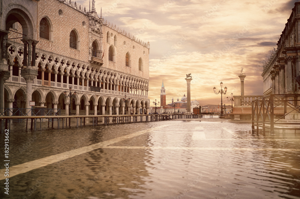 High tide or aqua alta at San Marco square, toned image.