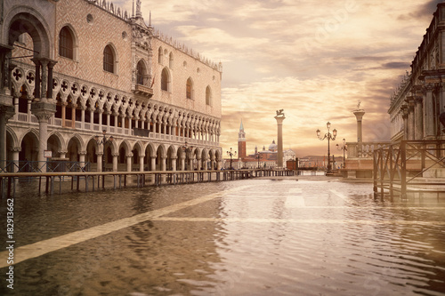High tide or aqua alta at San Marco square, toned image. © tilialucida