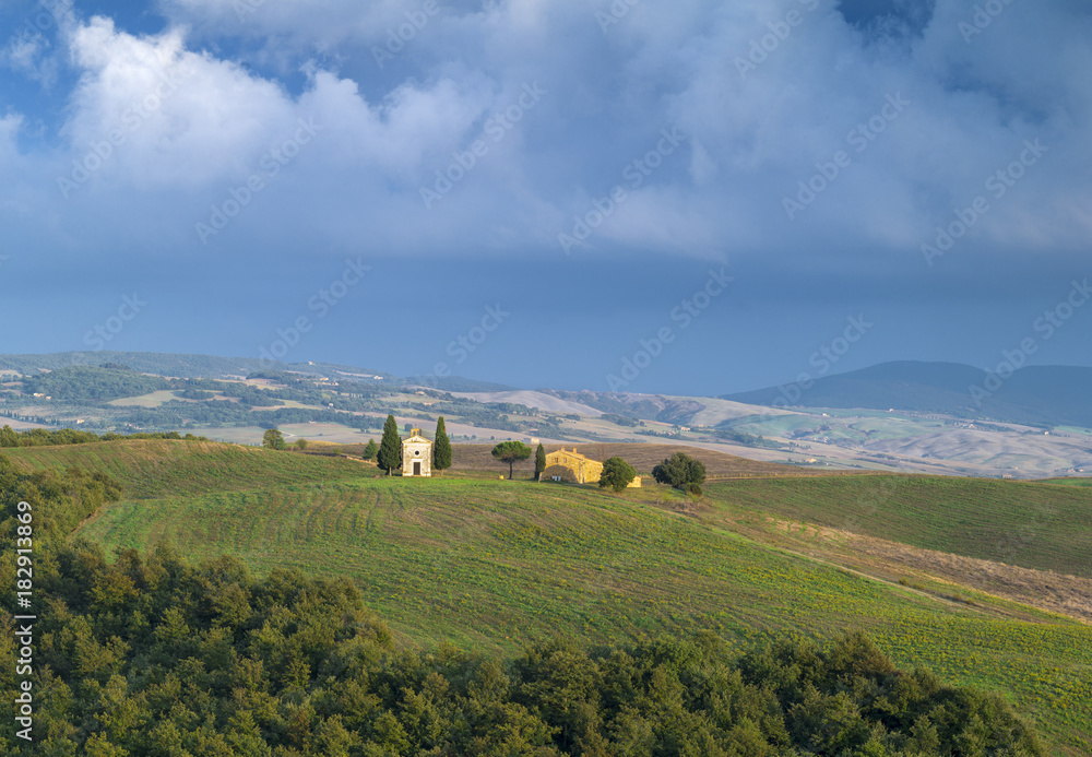 aerial view to old chapel in Tuscany in Italy