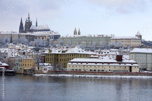 Christmas snowy Prague Lesser Town with gothic Castle, Czech republic © Kajano