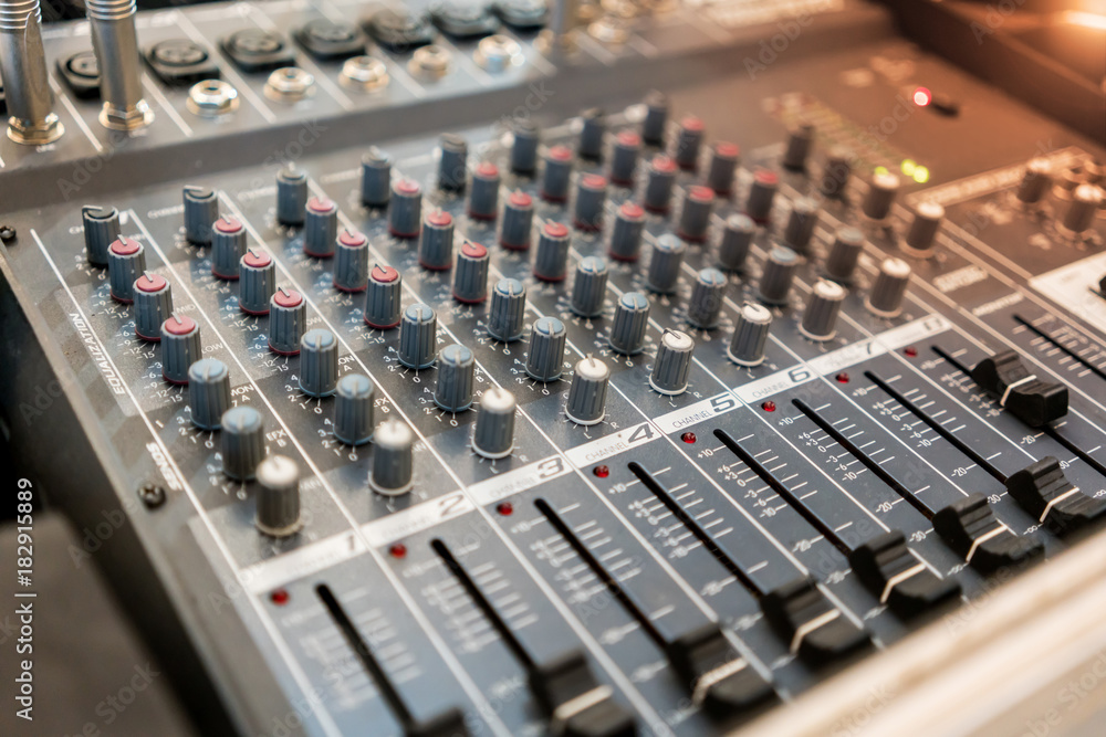 Close up of music mixer equalizer console for mixer control sound device. . Close up of music mixer equalizer console for mixer control sound device. .