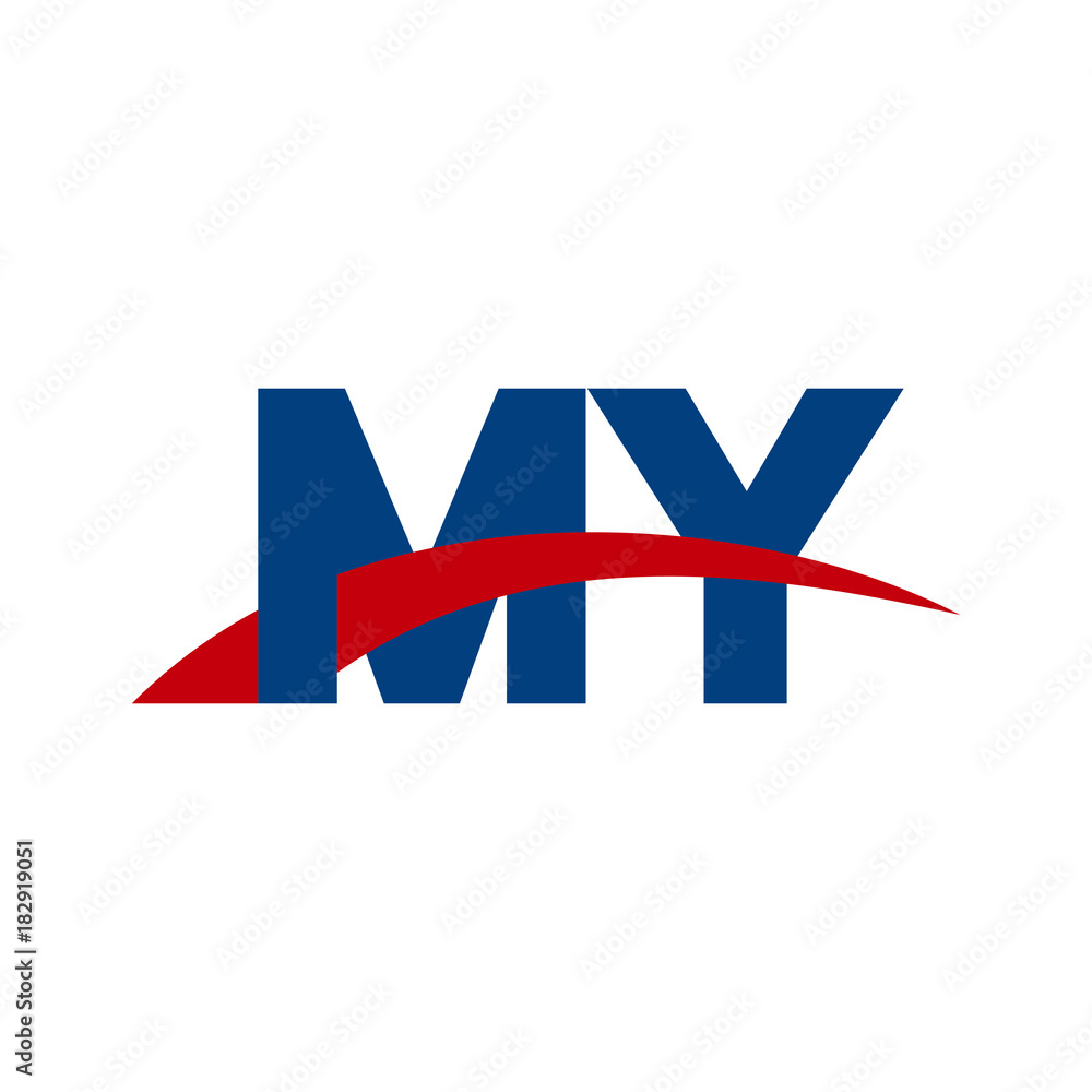 Initial letter MY, overlapping movement swoosh logo, red blue color Initial letter MY, overlapping movement swoosh logo, red blue color