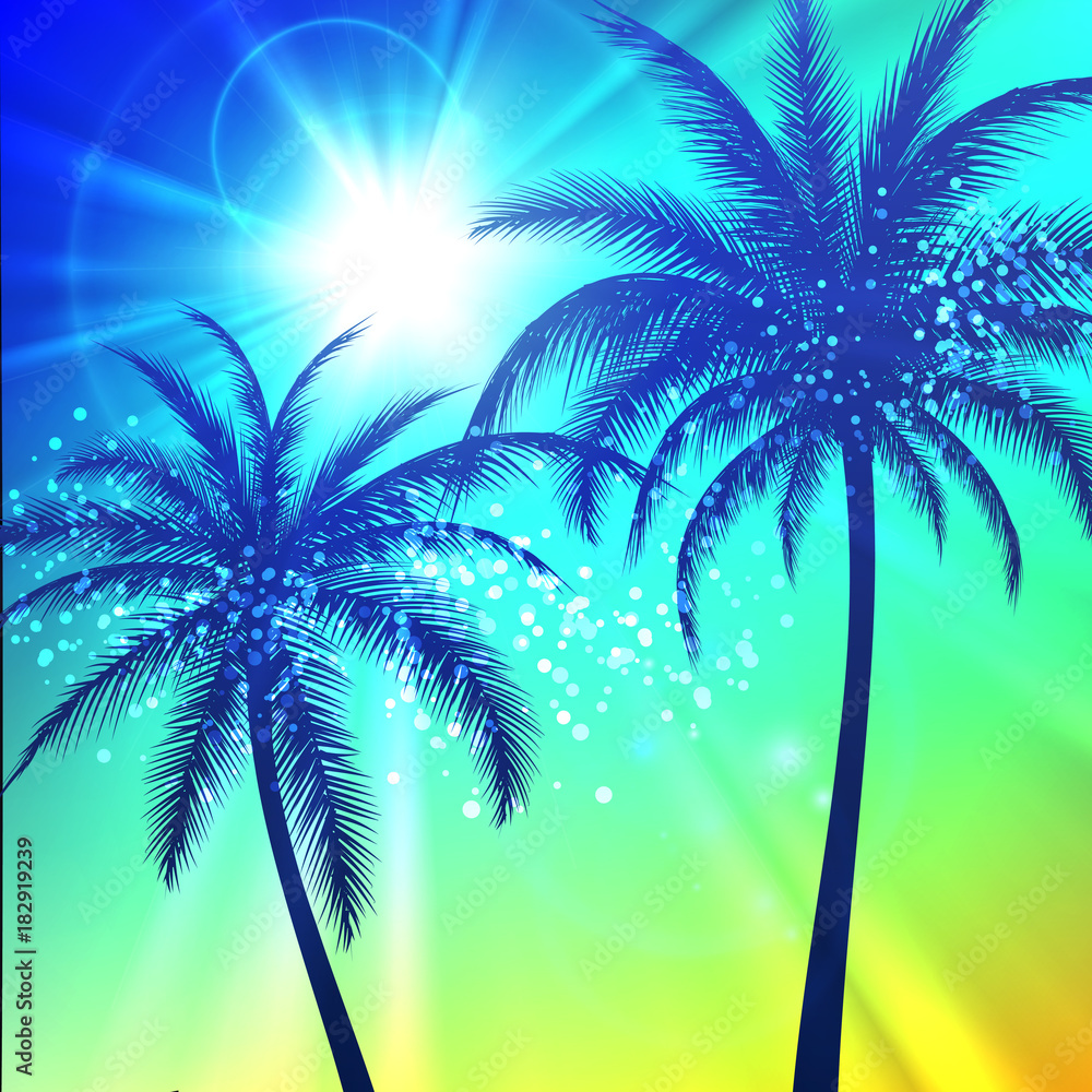 Summer background with palm silhouettes, and sunlight, vector illustration