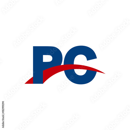Initial letter PC, overlapping movement swoosh logo, red blue color