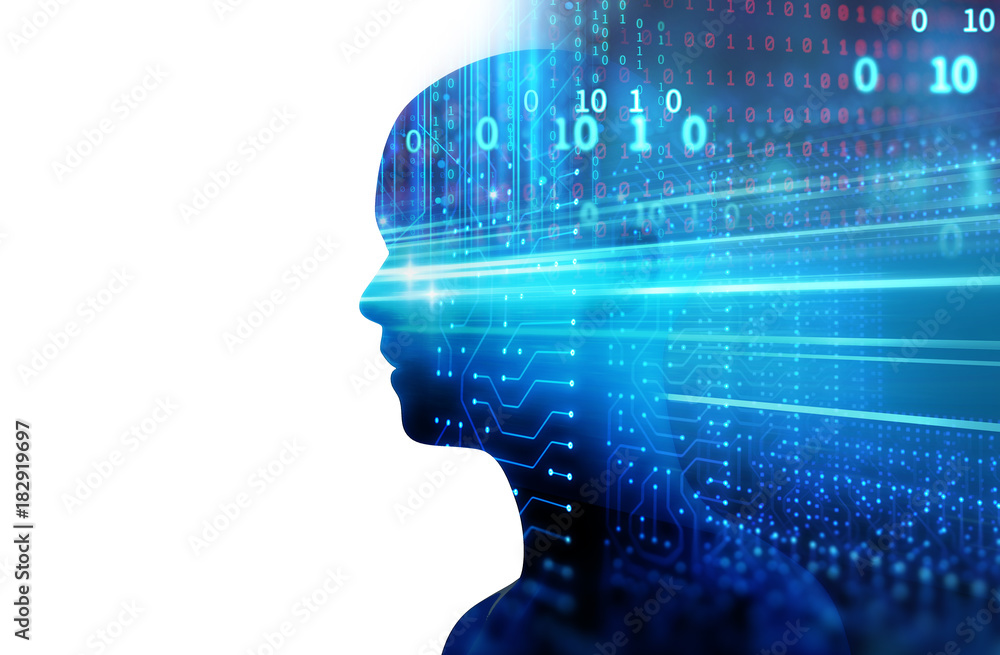 double exposure image of financial graph and virtual human 3dillustration