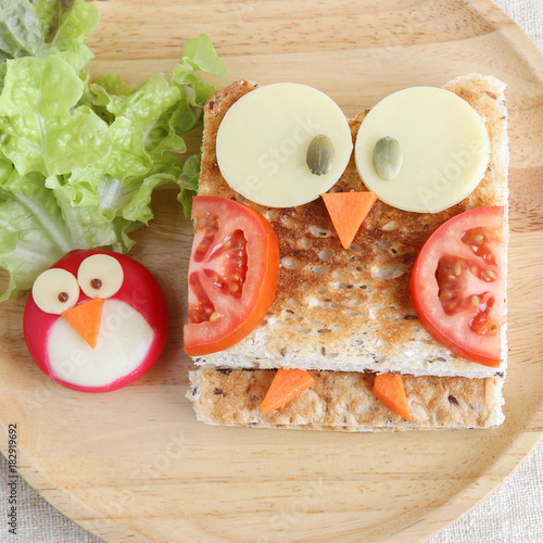 Fototapeta Owl healthy sandwich, fun food art for kids