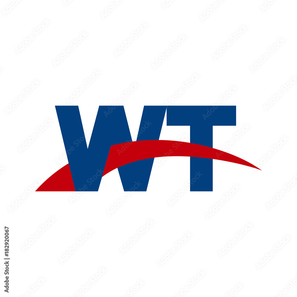 Initial letter WT, overlapping movement swoosh logo, red blue color Initial letter WT, overlapping movement swoosh logo, red blue color
