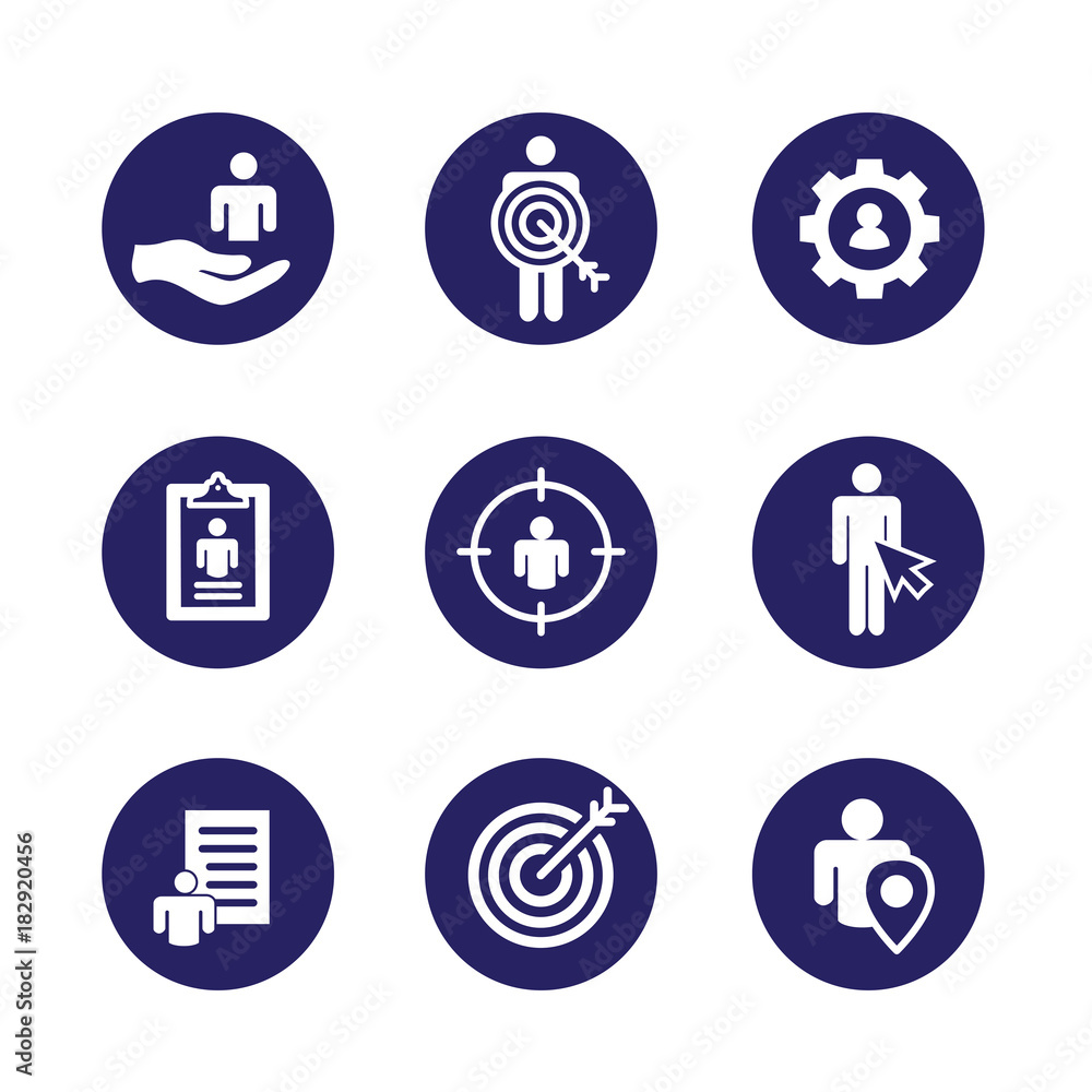 Target market icons of buyer image and persona - gear, arrow, nurturing leads Target market icons of buyer image and persona - gear, arrow, nurturing leads