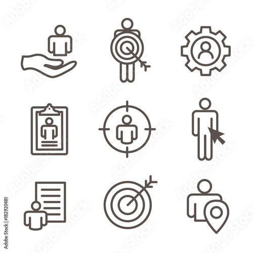 Target market icons of buyer image and persona  - gear, arrow, nurturing leads