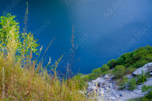 Lake with grass flower and mountain