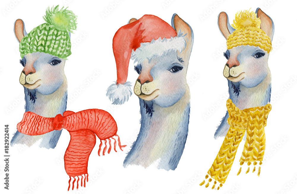 Christmas lama with Santa hat and watercolor animals Cute kids illustration perfect for greeting or post cards, prints on t-shirts, phone cases Stock Illustration | Stock