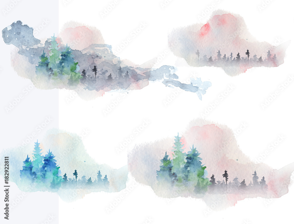 Obraz premium Watercolor abstract woddland, fir trees silhouette with ashes and splashes, winter background