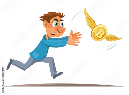 Digital currency. Cartoon man trying to catch bitcoin. Cartoon styled vector illustration. Elements is grouped. Isolated on white. No transparent objects.