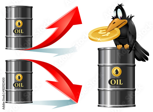 Crow sits on a barrel of oil and holds dollar symbol. Barrels of oil with up and down price rate arrows. Vector illustration. On white background. Elements is grouped. No transparent objects.