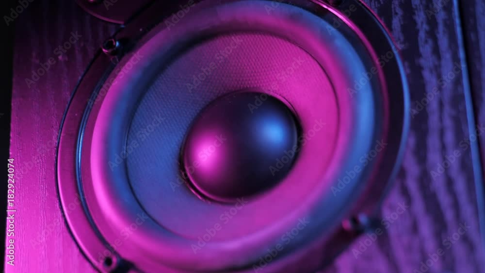 Hi end loudspeakers.Monitor hifi sound system for sound recording studio.Professional hi-fi speaker box.Audio equipment for home theater.Speakers boxes audio music concert. Pink light Hi end loudspeakers.Monitor hifi sound system for sound recording studio.Professional hi-fi speaker box.Audio equipment for home theater.Speakers boxes audio music concert. Pink light