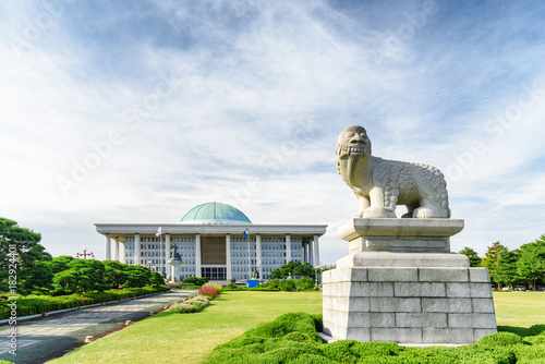 Photography Korean lion dog statue in front of the National Assembly