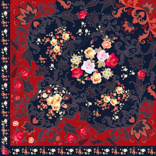 Quarter of folk shawl with flowers, ornate paisley ornament and floral border. Spanish, russian, indian motives. Vector illustration.