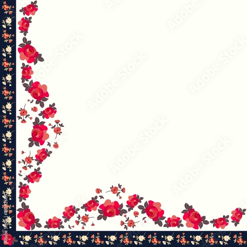 Quarter of beautiful tablecloth with bright garden flowers. Vector illustration.