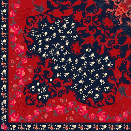 Lavish floral and paisley pattern. Quarter of ethnic shawl in russian style.