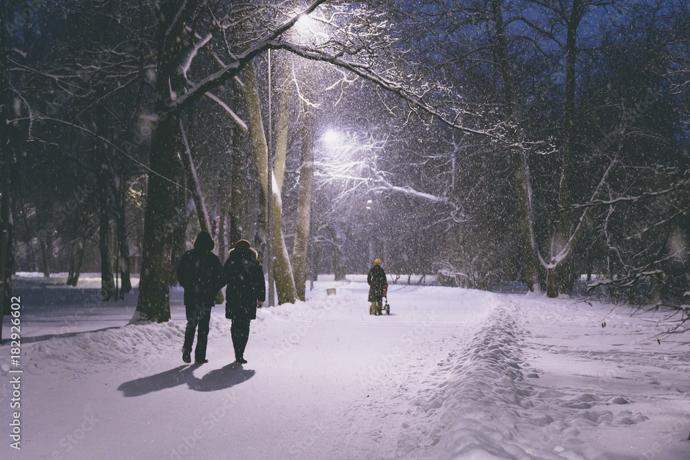 People walking in winter park at night. Snow in a frozen dark park with snowflakes. Snowfall at night. Snow storm