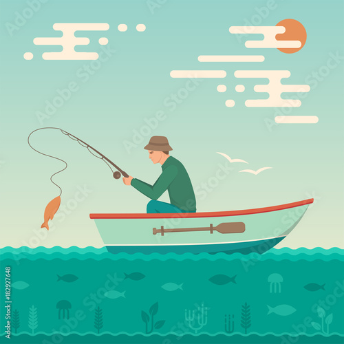 Vector illustration of a cartoon fisherman, man cath fish on fishing rod 