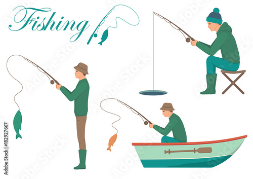 Vector illustration of a cartoon fisherman, man cath fish on fishing rod 