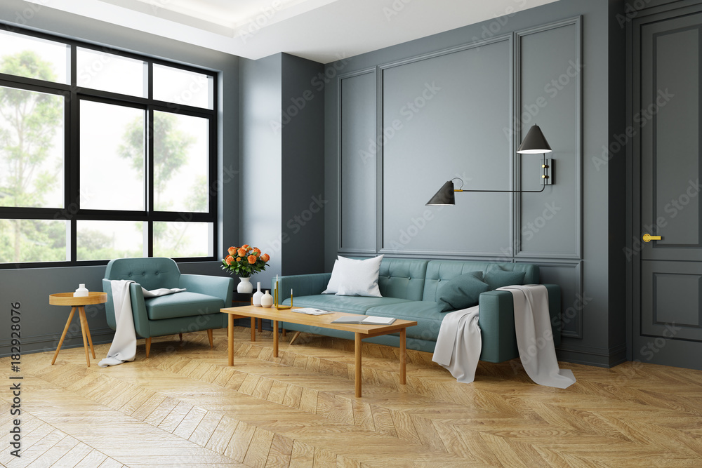 Vintage Modern interior of living room, green sofa with wall lamp on  parguet flooring and dark gray wall ,3d rendering Stock イラスト | Adobe Stock