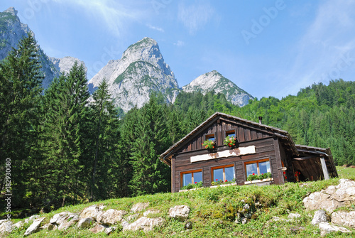Wooden building and mountains at Gosau, Austria