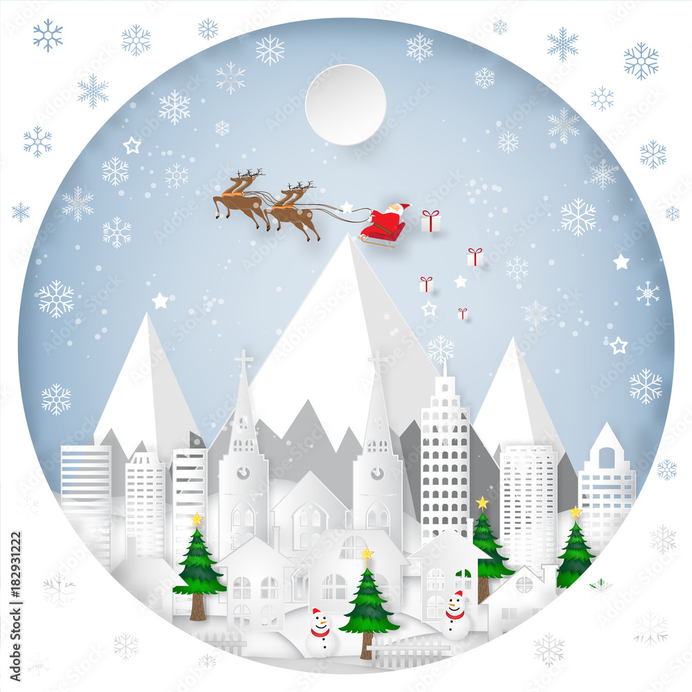Santa Claus on Sleigh, Reindeer and Snowman on snowflakes, merry christmas in the winter and happy new year 2018 background as holiday and x'mas day concept. vector paper art and craft style.