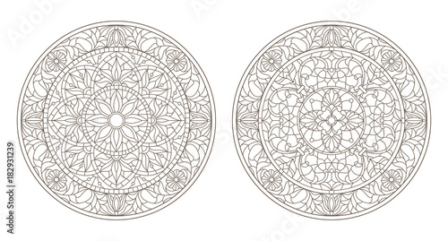 Set contour illustrations of stained glass, round stained glass floral, dark outline on a white background