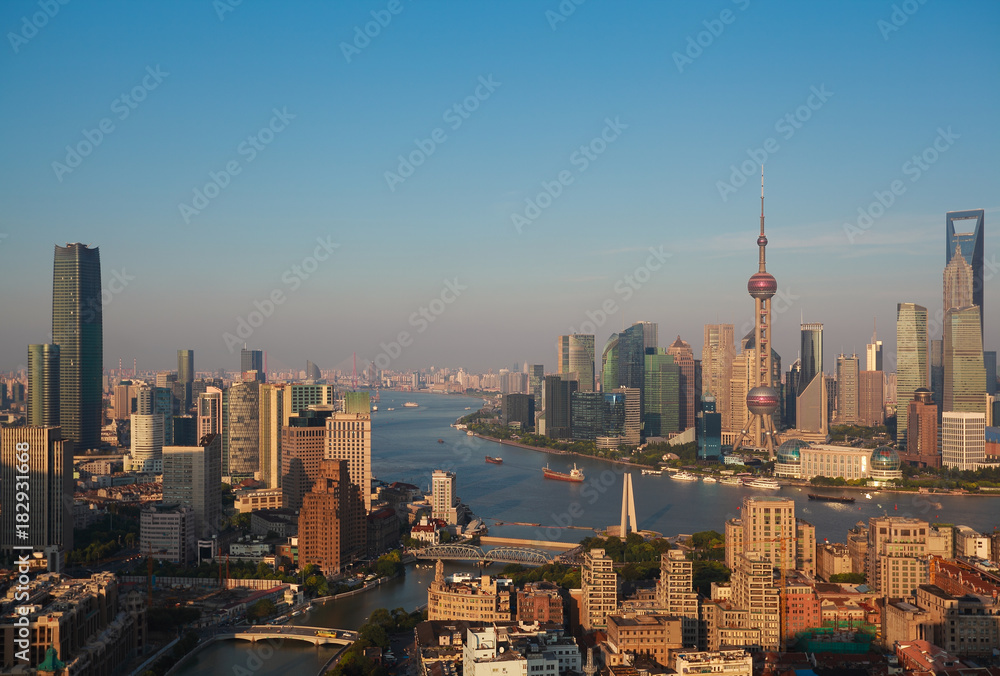 Fototapeta premium Aerial photography bird view at Shanghai bund Skyline