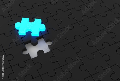 Black jigsaw puzzle with glowing missing piece. Business background. 3D illustrating