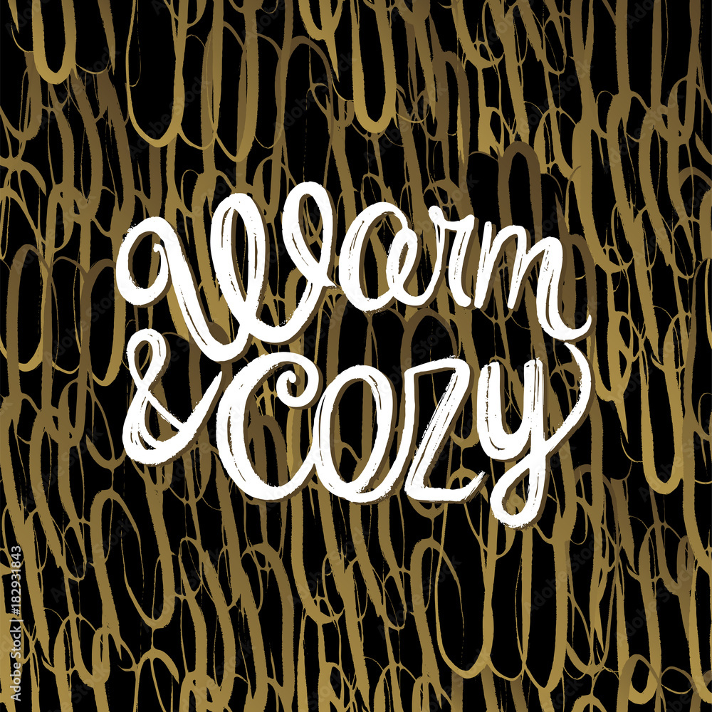 Naklejka Ink hand drawn Warm and cozy lettering on the knitted seamless pattern