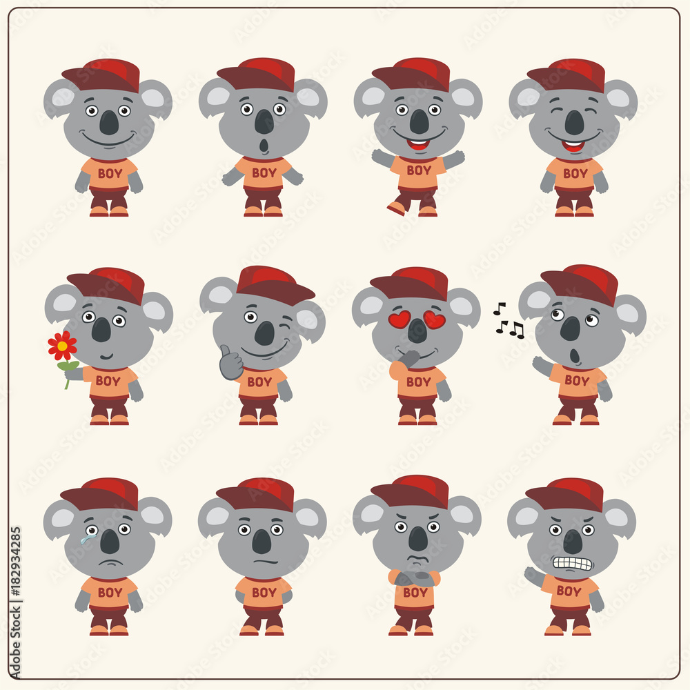 Obraz premium Collection of isolated koala bear in clothes and cap. Set of koala bear little boy in cartoon style.