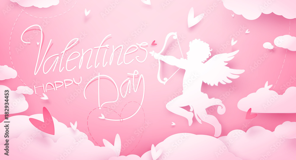 Cute Valentines day greeting card with Cupid in clouds, paper cut decoration. Hand drawn elements, vector illustration. Hearts, happy love angel for Valentines day holidays, romantic Paper art. Cute Valentines day greeting card with Cupid in clouds, paper cut decoration. Hand drawn elements, vector illustration. Hearts, happy love angel for Valentines day holidays, romantic Paper art.