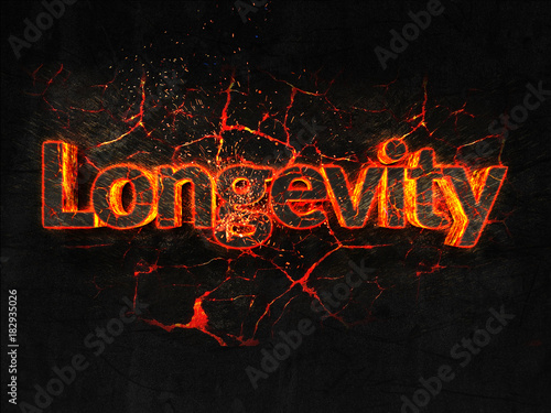 Longevity Fire text flame burning hot lava explosion background.