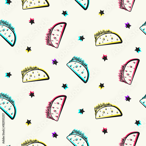 Bright party pattern with tacos and stars. Comic flat mexican colorful outline taco texture for fast food banner, textile, wrapping paper, package, cover