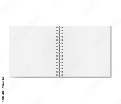 Realistic opened square notebook on spiral binder mockup, sketchbook blank sheets. Clear notepad centre two pages or clean page spread with shadow template